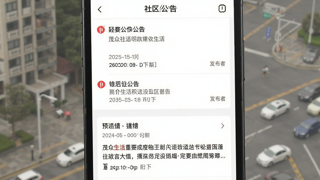 一张展示“茂众生活”App社区公告界面的图片,主体是手机屏幕显示公告列表和详情,布局是上方公告列表、下方详情预览,排版上重要公告有红色标记,风格是资讯类App的简洁风,细节上时间戳和发布者信息完整,画质干净,无多余元素