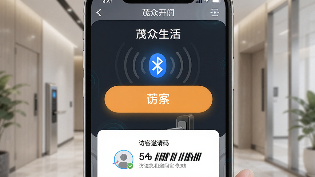 一张展示“茂众生活”App门禁开门功能的图片,主体是手机界面显示开门按钮和访客邀请码,布局是手机屏幕特写,排版上开门按钮居中放大,访客码在下方,风格是科技感与生活化结合,细节上蓝牙图标闪烁、访客码清晰可见,画质高清,干净,无多余元素