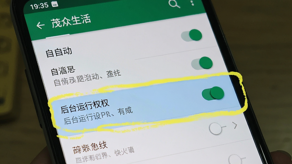一张展示“茂众生活”App在安卓手机上安装和权限设置界面的图片,主体是手机屏幕显示权限开关列表,布局是设置界面从上到下排列,排版上自启动和后台运行权限开关用高亮标注,风格是系统设置界面的原生风格,细节上开关按钮清晰、文字说明完整,画质干净,无多余元素