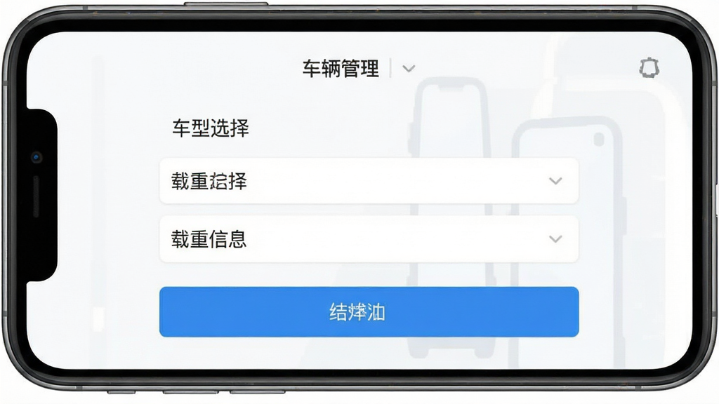 配达丰 车辆管理 界面 手机 车型选择 载重信息 简洁表单 蓝色按钮 扁平风格 画质干净 无多余元素