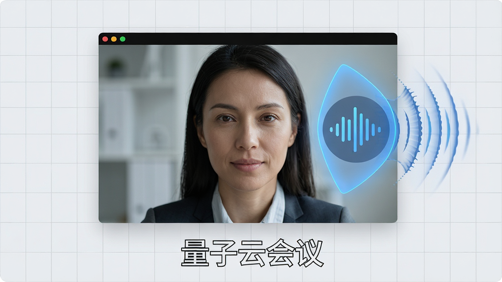 一张展示量子云会议高清画质与智能降噪功能的示意图,画面中央是一个清晰的视频通话窗口,窗口内人物面部细节丰富,旁边有一个声波图标被一层蓝色光罩包裹,光罩外部的杂音波纹被弹开,画面下方写着“量子云会议”字样,背景是浅灰色网格,风格简洁科技感,画质干净,无多余元素