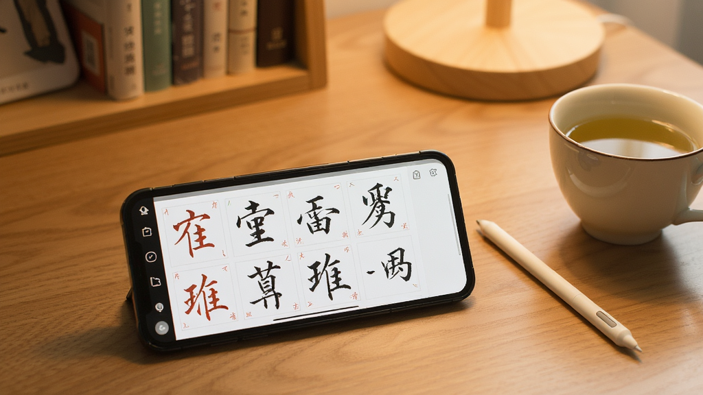 一张展示手机使用硬笔临帖App练字场景的图片,画面中手机横放在木质桌面上,屏幕显示楷书描红字帖,旁边放着一支电容笔和一杯茶,背景是温馨的书桌一角,光线柔和,风格生活化,细节真实,画质干净,无多余元素