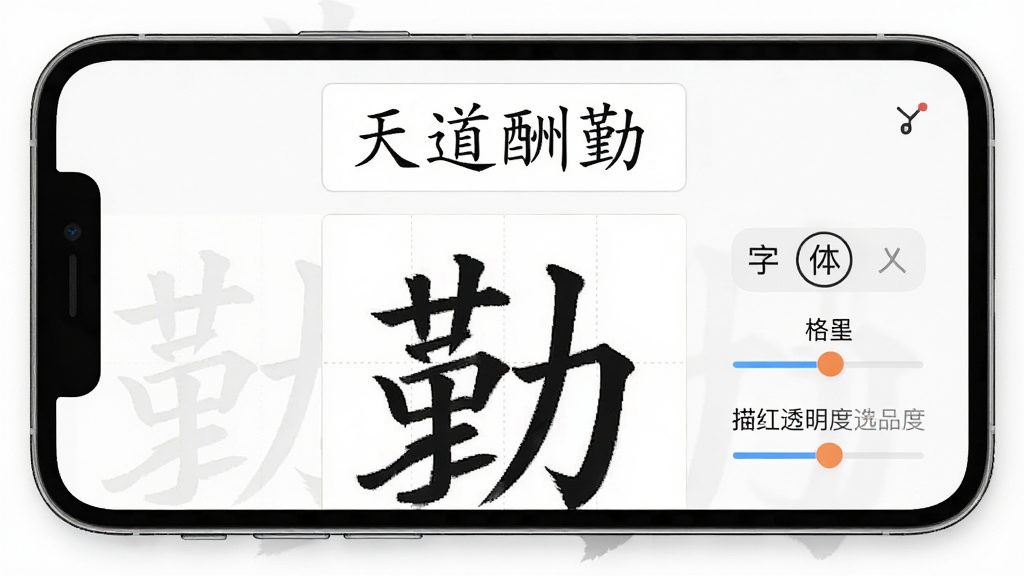 一张展示硬笔临帖App自定义字帖功能的图片,手机屏幕中央显示输入框内写着「天道酬勤」四个字,下方自动生成了对应的楷书描红字帖,旁边有字体选择、格子大小、描红透明度三个调节滑块,背景是干净的白色,界面排版整齐,风格清爽,画质细腻,无多余元素