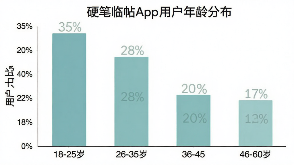 一张柱状图展示硬笔临帖App用户年龄分布,横轴为年龄段18-25岁、26-35岁、36-45岁、46-60岁,纵轴为用户占比百分比,柱状图显示26-35岁占比最高约35%,其次36-45岁约28%,18-25岁约20%,46-60岁约17%,背景为白色,图表风格简洁,颜色采用柔和的蓝绿色系,文字标签清晰,画质干净无多余元素