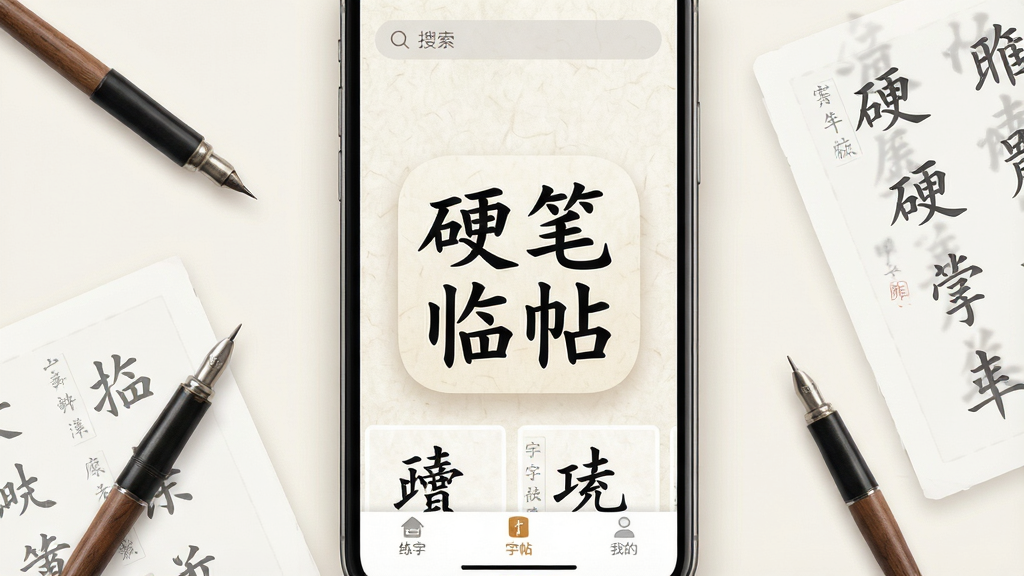 一张手机屏幕展示硬笔临帖App主界面,画面中央是「硬笔临帖」四个大字的App图标,背景是米白色宣纸纹理,周围散落着几支硬笔和半透明的字帖页面,界面布局简洁,顶部有搜索栏,中间是楷书字帖预览,底部是练字、字帖、我的三个标签,风格清新文艺,细节柔和,画质干净无多余元素
