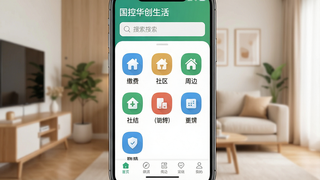 һ���ֻ���Ļ��д����Ļ����ʾ�š����ػ��������App�����棬���涥�����������м����������е��������ͼ����ɷѡ��������ܱߵȣ��ײ��ǵ���������������ܰ�ļҾӻ���������ִ���࣬���������ɾ����޶���Ԫ�ء�