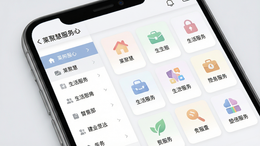 莱聚慧功能聚合界面展示,画面主体是手机屏幕特写,屏幕上显示莱聚慧的服务中心页面,左侧有清晰分类导航,右侧是功能卡片网格,包含多种生活服务图标。布局为左右分栏式,风格简洁现代,背景为浅灰色,图标色彩柔和,文字标注清晰,画面干净无杂乱元素,画质细腻,光线均匀,突出功能丰富且排列有序的视觉感受。