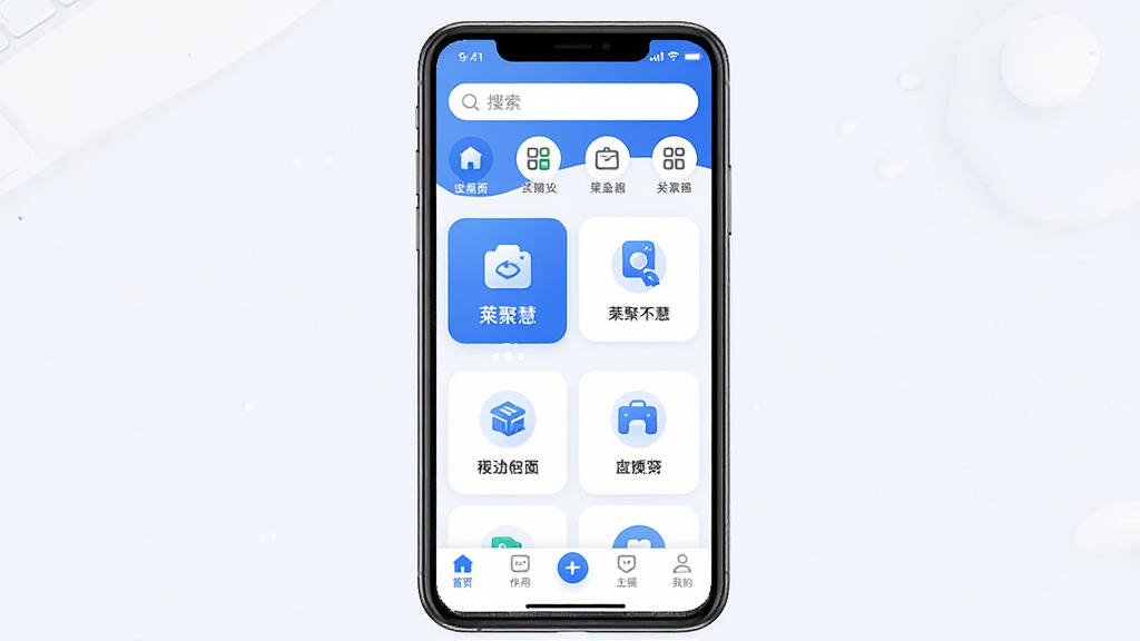莱聚慧 App 主界面全貌展示,画面中央是一部智能手机,屏幕显示莱聚慧应用首页,顶部有搜索栏和分类图标,中间是功能卡片列表,底部导航栏清晰可见。整体布局为居中构图,风格现代简约,采用蓝白配色,图标圆润,文字清晰标注“莱聚慧”字样,背景干净无多余元素,画质高清,UI设计扁平化,光线明亮柔和,整体给人一种清爽好用的感觉。