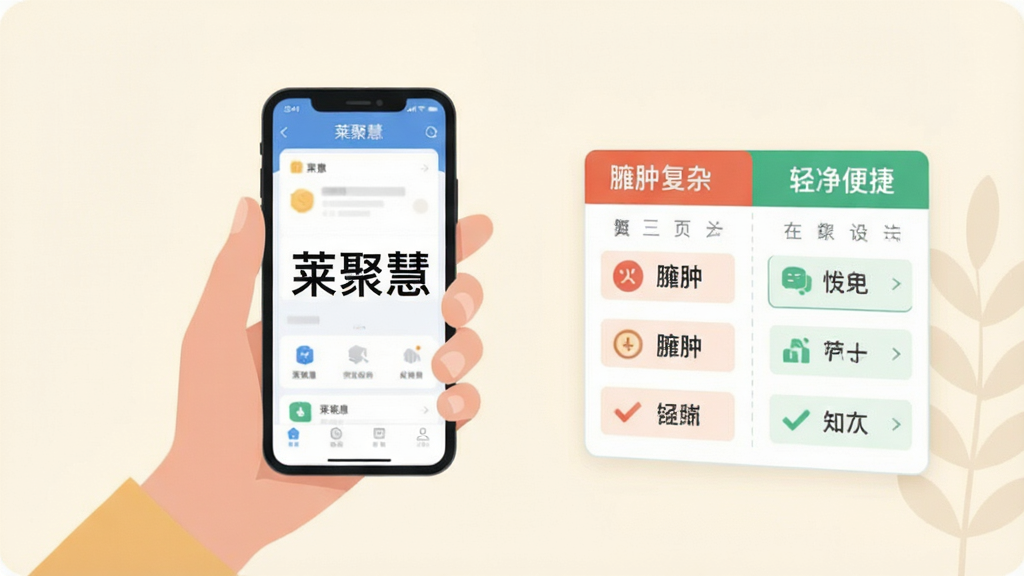 莱聚慧用户对比选择场景图,画面展示一个人拿着手机,手机屏幕上是莱聚慧应用界面,旁边有一个虚拟的对比列表,一边写着“臃肿复杂”,另一边写着“轻净便捷”,莱聚慧位于“轻净便捷”一侧。布局为左右对比式,风格扁平插画风,背景为柔和的米白色,人物手部动作自然,手机界面清晰,“莱聚慧”文字醒目,画质干净,无多余杂乱元素。