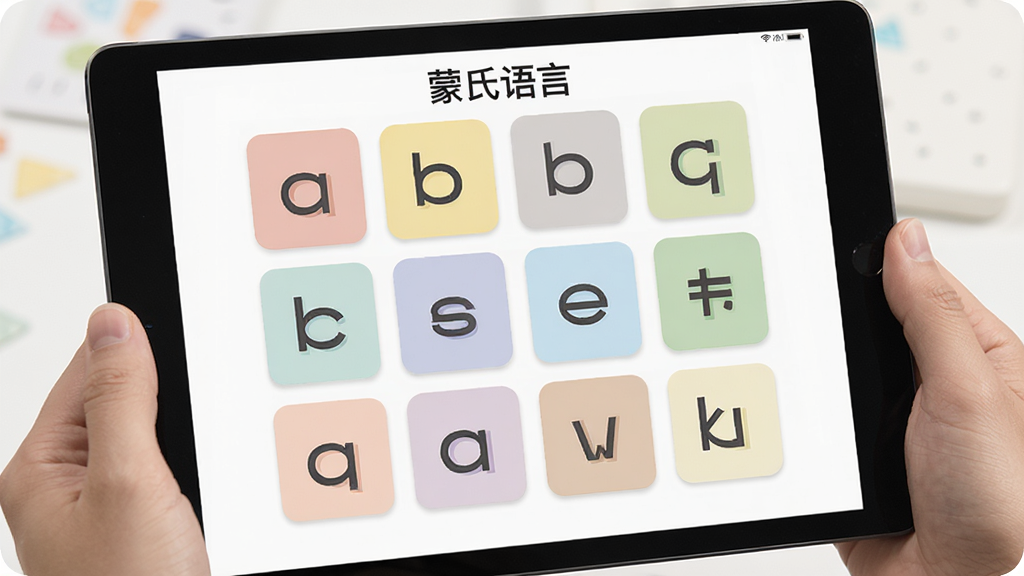 一张展示“蒙氏语言”App在平板电脑上竖屏使用的图片,画面主体是一双手拿着平板,屏幕上显示“蒙氏语言”的字母卡片界面,卡片色彩柔和,布局居中,风格简洁实用,细节清晰,画质干净,无多余元素