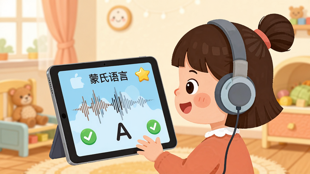 一张展示“蒙氏语言”App内语音互动功能的图片,画面主体是一个卡通小女孩戴着耳机对着平板电脑说话,平板上显示着“蒙氏语言”的语音波形和字母“A”,旁边有对勾和星星奖励图标,布局在温馨的儿童房背景中,排版居中,风格扁平插画,细节温馨,画质干净,无多余元素