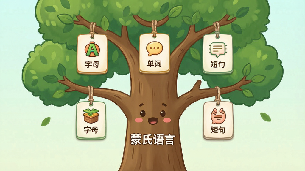 一张展示“蒙氏语言”App学习进度界面的图片,画面中央是一个卡通风格的树状图,树干上标有“蒙氏语言”,树枝上挂着不同阶段的卡片,如“字母”、“单词”、“短句”,每个卡片上有对应的图标,布局清晰,排版从上到下,风格清新自然,细节丰富,画质干净,无多余元素