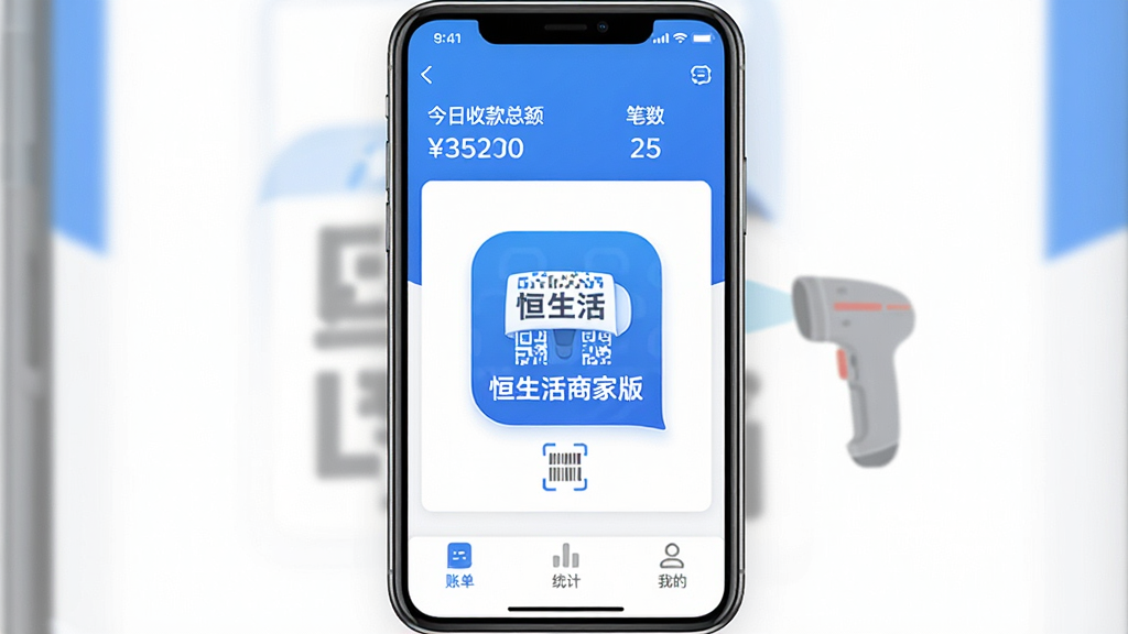 一张展示手机屏幕的图片,屏幕中央是“恒生活商家版”的APP图标和主界面,界面以蓝白配色为主,顶部显示今日收款总额和笔数,中间是收款二维码和扫码枪图标,底部为账单、统计和我的三个选项卡,整体布局清晰,风格现代扁平,画质干净无多余元素
