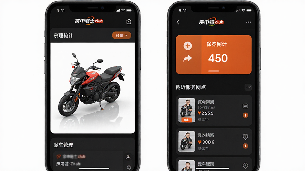 一张手机界面截图风格的图片,展示宗申骑士club的爱车管理页面,屏幕上显示摩托车3D模型、保养倒计时卡片、附近服务网点列表,界面以深色模式为主,橙色作为强调色,布局清晰有层次,画质锐利干净,无多余元素