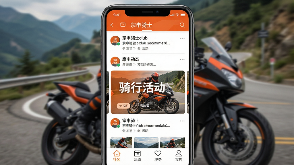 一张手机屏幕展示宗申骑士club应用界面的图片,画面中央是应用主页面,顶部显示摩友动态信息流,中间有醒目的骑行活动横幅,底部导航栏包含社区、活动、服务、我的四个图标,背景是摩托车和山路的虚化画面,整体风格现代动感,色彩以橙色和深灰为主,画质清晰干净,无多余元素