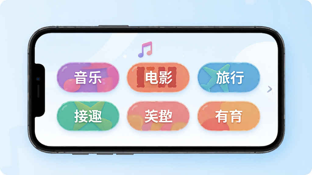 一张展示“赴欢”App兴趣标签选择界面的手机样机图,画面中央是手机屏幕,屏幕内显示多个彩色兴趣标签如“音乐”“电影”“旅行”,背景是淡蓝色渐变,布局整齐,风格活泼明快,细节圆润,画质干净无多余元素。