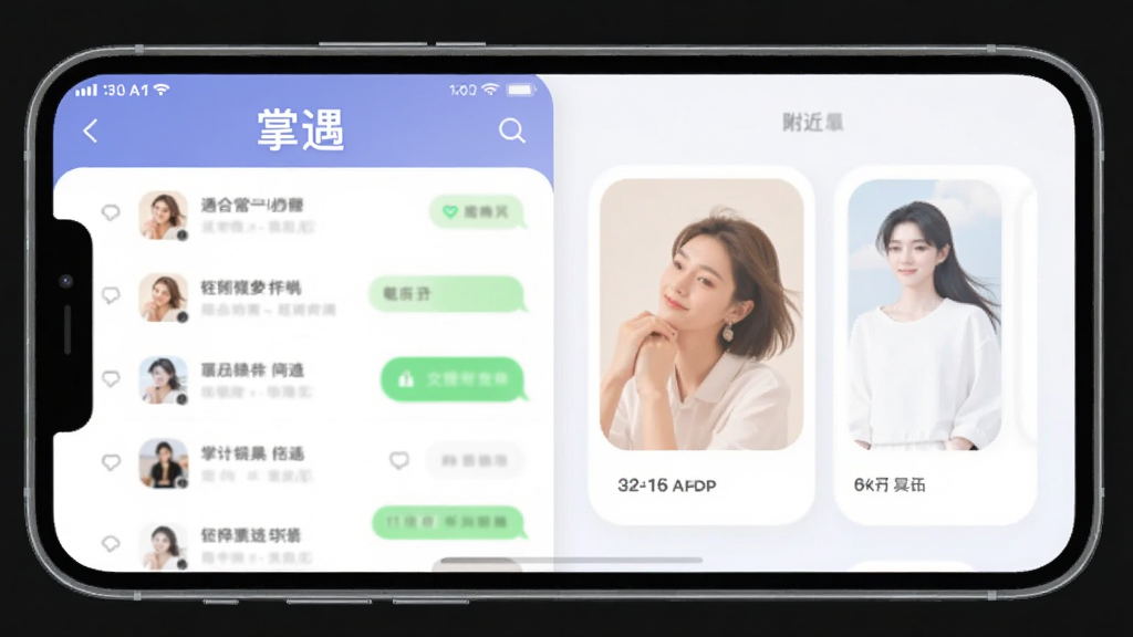 掌遇APP主界面展示,主体为手机屏幕中显示聊天列表和附近的人卡片,布局居中,排版简洁,风格现代扁平,细节圆润,画质干净无多余元素,屏幕上方有