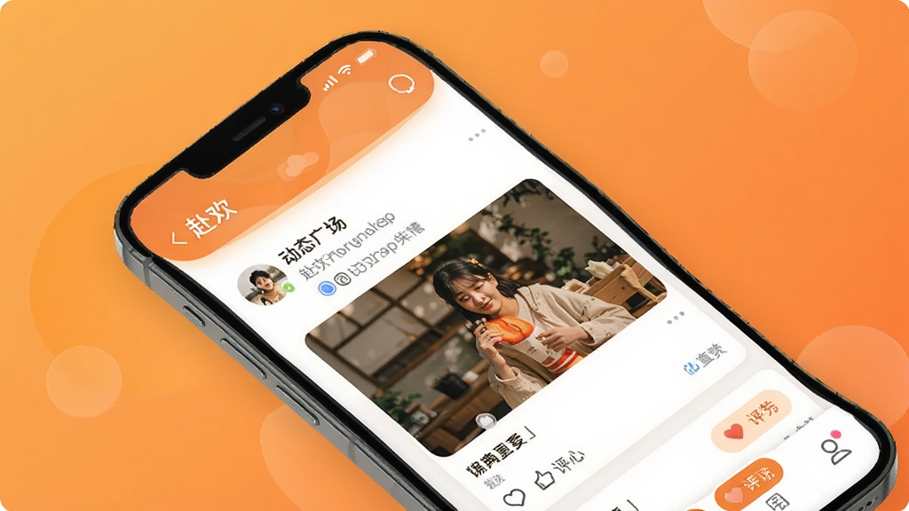 一张展示“赴欢”App动态广场界面的手机样机图,画面中央是手机屏幕,屏幕内显示用户发布的图文动态和点赞评论按钮,背景是暖橙色渐变,布局卡片式,风格温暖亲切,细节清晰,画质干净无多余元素。