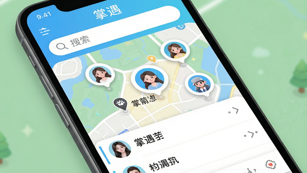 掌遇APP附近的人功能界面,主体为地图上显示多个用户头像气泡,布局为上方搜索栏下方列表,排版清晰,风格清新明快,细节精致,画质干净无多余元素,界面中有