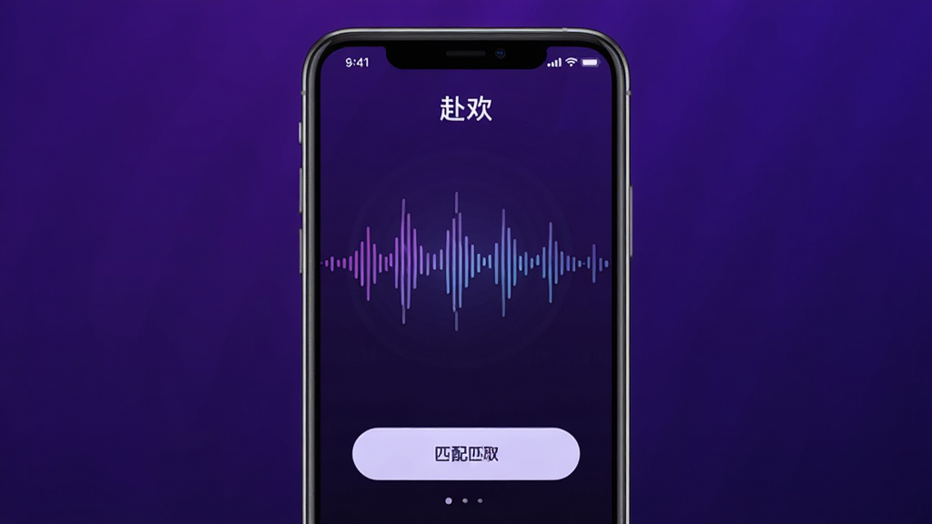 一张展示“赴欢”App语音匹配界面的手机样机图,画面中央是手机屏幕,屏幕内显示声波波纹和匹配按钮,背景是深紫色渐变,布局居中,风格科技感十足,细节精致,画质干净无多余元素。