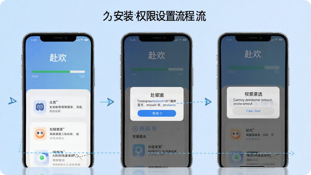 一张展示“赴欢”App在手机上安装和权限设置流程的示意图,画面主体是手机屏幕,屏幕内显示安装进度条和权限弹窗,背景是浅蓝色渐变,布局分步展示,风格清晰教程风,细节明确,画质干净无多余元素。