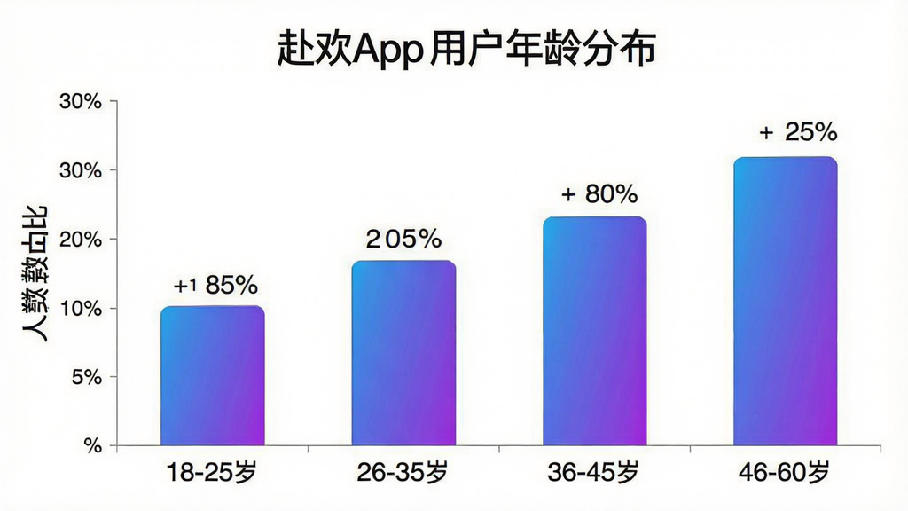 一张展示“赴欢”App用户年龄分布的柱状图,画面主体是柱状图,横轴标注“18-25岁”“26-35岁”“36-45岁”“46-60岁”,纵轴标注人数占比,柱体颜色用蓝紫渐变,背景是白色,布局清晰,风格数据可视化,细节标注百分比,画质干净无多余元素。