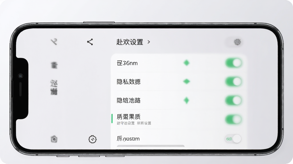 一张展示“赴欢”App隐私设置界面的手机样机图,画面中央是手机屏幕,屏幕内显示多个隐私开关选项,背景是浅灰色渐变,布局列表式,风格简洁安全,细节清晰,画质干净无多余元素。
