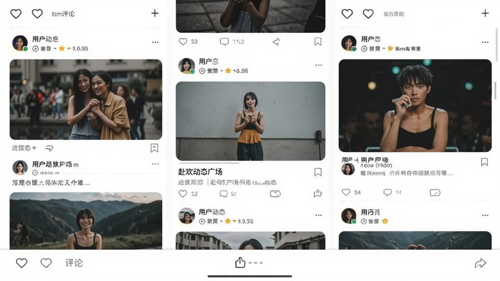 赴欢动态广场界面截图,瀑布流布局展示用户动态,包含图片和文字,底部有点赞评论图标,背景白色,风格现代简约,画质清晰