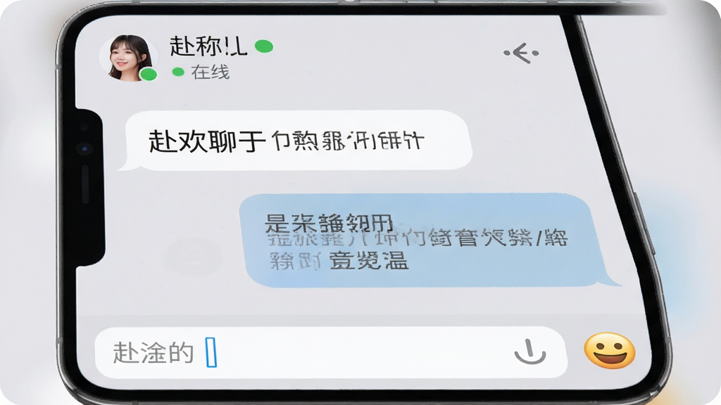 赴欢聊天界面特写,对话气泡左右分布,顶部显示对方昵称和在线状态,底部输入框和表情按钮,背景浅灰色,风格干净清爽,画质细腻
