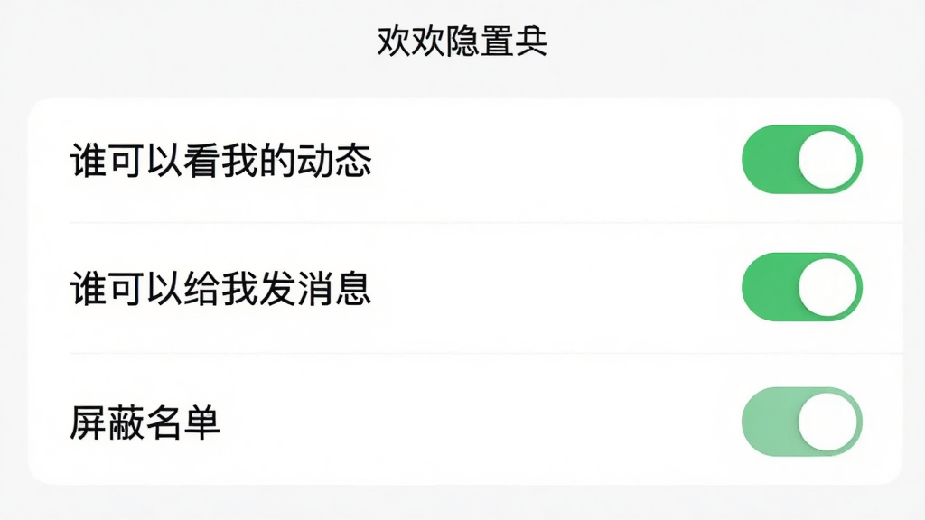 赴欢隐私设置页面,列表展示“谁可以看我的动态”“谁可以给我发消息”“屏蔽名单”等选项,开关按钮清晰,背景白色,风格简洁明了,画质干净