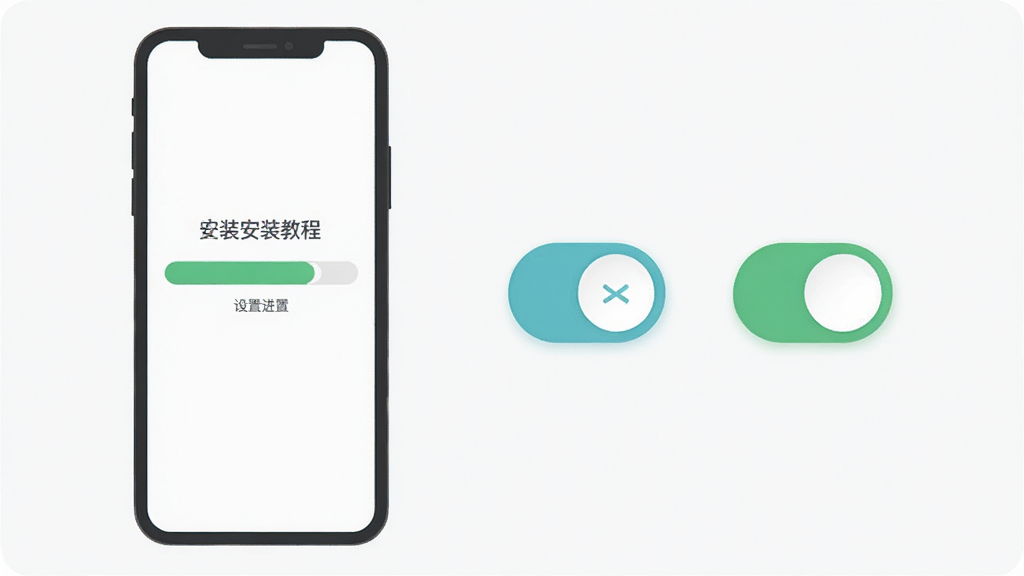 赴欢安装教程示意图,手机屏幕显示安装进度条,旁边有设置权限开关的图标,背景简洁,风格扁平化,画质清晰无多余元素