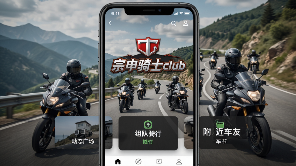 宗申骑士club App主界面展示,手机屏幕中央显示“宗申骑士club”Logo,背景为摩托车队在山路骑行,界面布局包含动态广场、组队骑行、附近车友三个主要模块,风格硬朗运动,细节清晰,画质干净,无多余元素