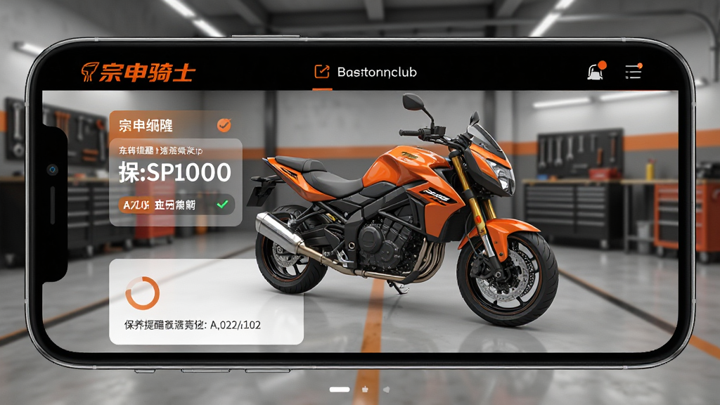 宗申骑士club车辆管理界面,手机屏幕显示摩托车3D模型和保养提醒卡片,背景是车库环境,界面配色以黑橙为主,风格简洁专业,细节清晰,画质干净,无多余元素