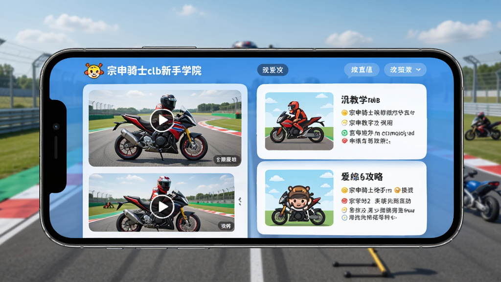 宗申骑士club新手学院界面,手机屏幕显示摩托车教学视频列表和图文攻略,背景是赛道和训练场,界面排版清晰,风格友好易懂,画质干净,无多余元素