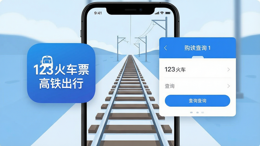 一张手机应用界面截图,画面中央是铁路轨道延伸向远方的插画背景,前景悬浮着