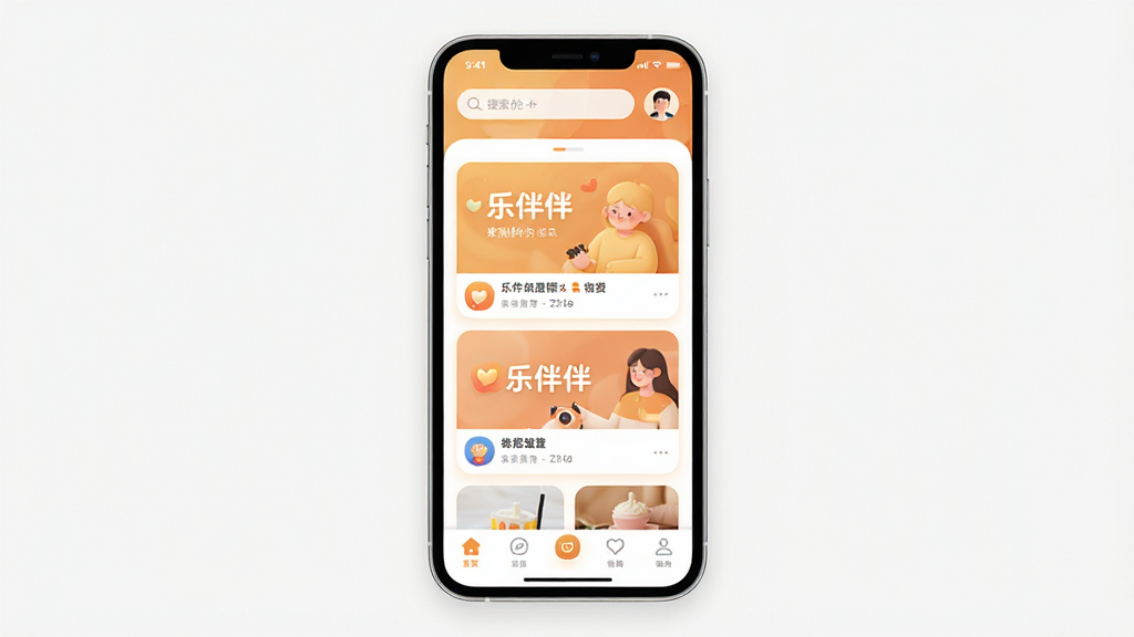 一张手机屏幕展示界面,画面中央是“乐伴伴”应用的主页,布局清晰,顶部有搜索栏和用户头像,中间是卡片式的内容推荐流,底部是导航栏,整体风格温馨明亮,配色以暖色调为主,界面干净无多余元素,画质清晰,细节圆润,现代扁平化设计风格。