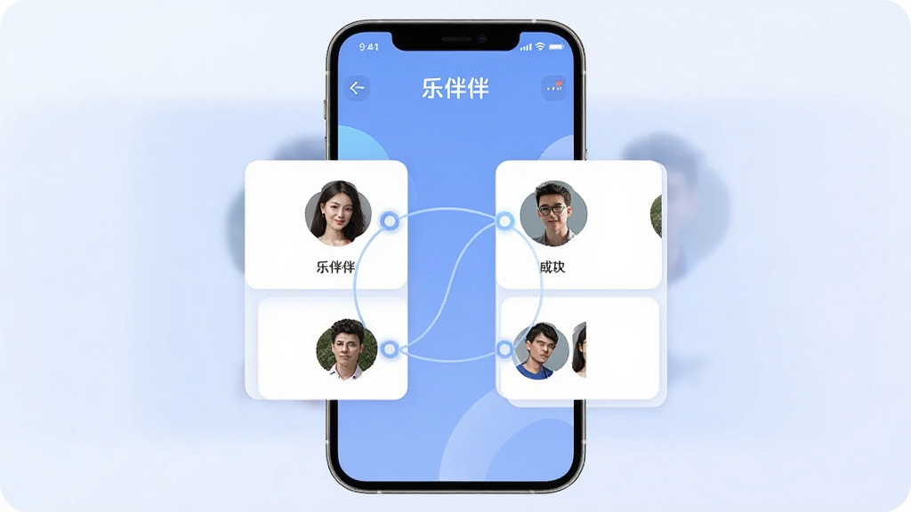 一张AI生成图片,画面主体是一个手机屏幕,屏幕内显示“乐伴伴”的匹配界面,左右两边是不同用户的头像卡片,中间有连接线表示匹配成功,背景是柔和的渐变蓝色,布局对称,风格简洁现代,细节清晰,画质干净,无多余文字和元素。