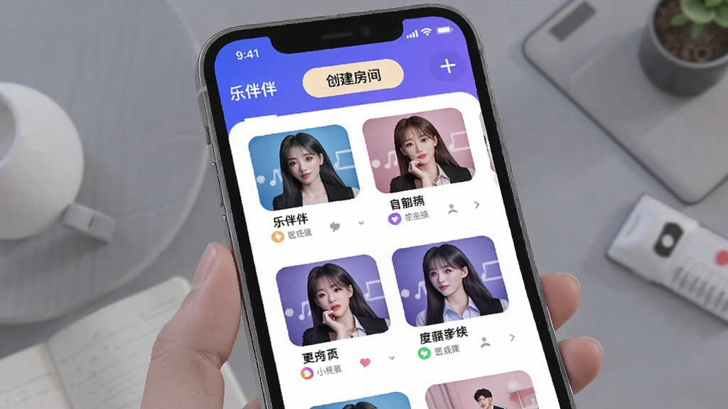 一张AI生成图片,画面是一个手机界面,显示“乐伴伴”的语音房间列表,每个房间有封面图、房间名称和当前在线人数,界面顶部有“创建房间”按钮,整体布局清晰,风格活泼,配色以蓝紫色为主,细节干净,画质清晰,无多余元素。
