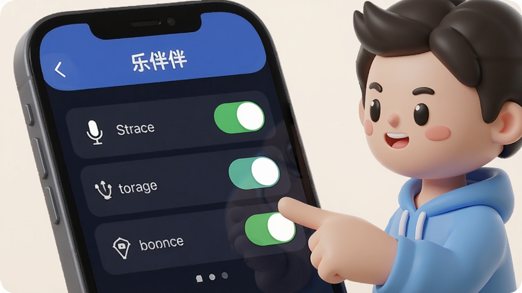一张AI生成图片,画面是一个手机屏幕显示“乐伴伴”的权限管理界面,有麦克风、存储、位置等权限开关,旁边有一个卡通人物用手指着屏幕,背景是浅色,风格简洁,提示用户注意权限设置,画质清晰,无多余元素。