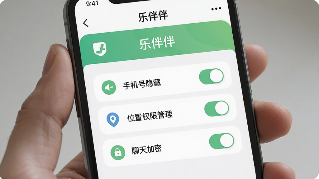 一张AI生成图片,画面是一个手机屏幕,显示“乐伴伴”的隐私设置页面,有“手机号隐藏”、“位置权限管理”、“聊天加密”等选项开关,界面以白色和浅绿色为主,布局简洁,图标清晰,风格安全可靠,画质干净,无多余装饰。