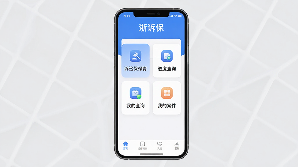 浙诉保软件主界面全貌展示,手机屏幕中央是蓝白色调的APP界面,顶部显示“浙诉保”三个字,中间有诉讼保全申请、进度查询、我的案件几个功能卡片整齐排列,底部导航栏简洁清晰,背景是干净的浅灰色,整体风格现代扁平化,图标圆润柔和,画质高清,无多余元素