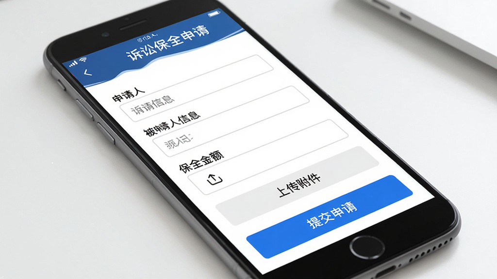 浙诉保在线申请保全功能展示,手机界面显示一张保全申请表单,上方有“诉讼保全申请”标题,表单内有申请人信息、被申请人信息、保全金额等填写框,下方有“上传附件”按钮和醒目的蓝色“提交申请”按钮,界面排版整齐,风格简洁商务,画质清晰,无杂乱元素