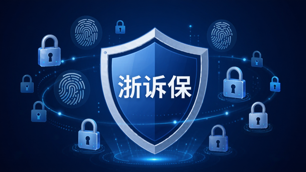 浙诉保数据安全功能示意,画面中央是一个盾牌图标,盾牌上有“浙诉保”字样,盾牌周围环绕着锁、指纹、加密符号等安全元素,背景是深蓝色渐变,整体风格科技感强,画质干净,无多余元素