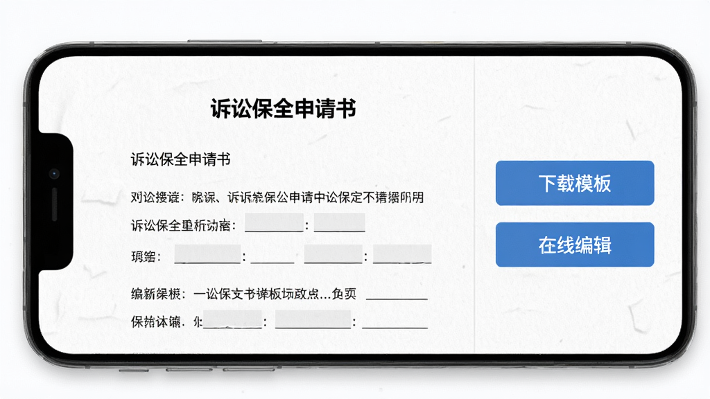 浙诉保材料模板功能展示,手机屏幕显示一份诉讼保全申请书模板,标题为“诉讼保全申请书”,正文有规范的段落格式和填空项,旁边有“下载模板”和“在线编辑”两个按钮,背景是白色纸张质感,界面干净利落,风格正式但不死板,画质高清,无多余装饰