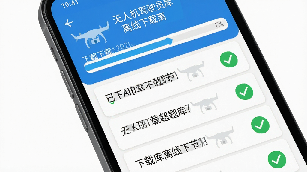 无人机驾驶员超题库 离线下载界面 手机屏幕显示下载进度条 已下载章节列表 绿色对勾 白色背景 蓝色主题 扁平化风格 干净无多余元素 高清画质