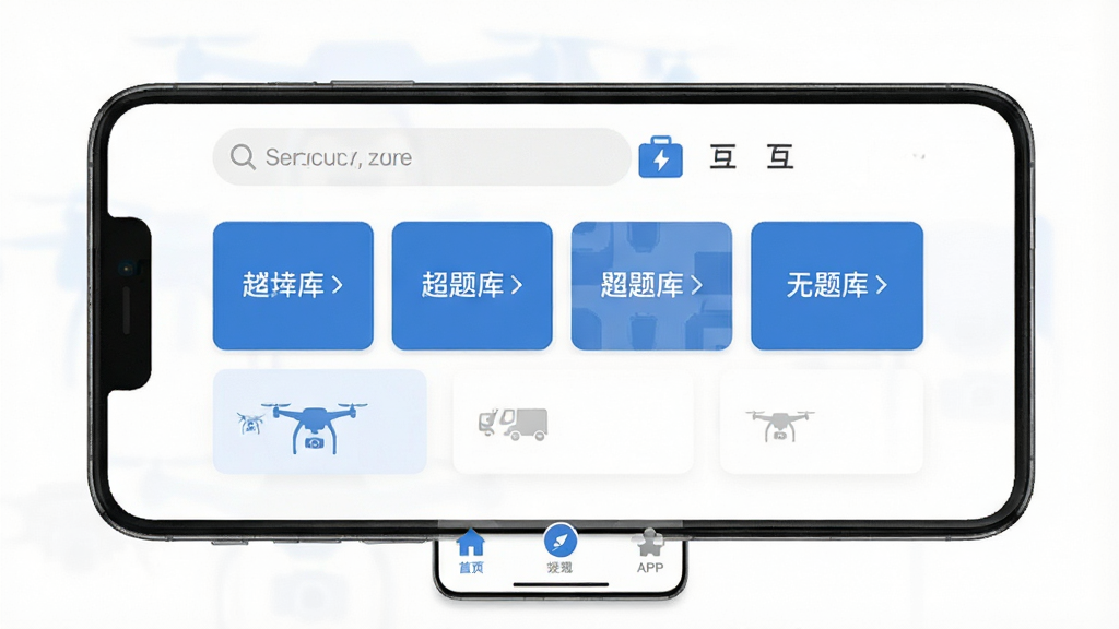 无人机驾驶员超题库 手机APP主界面 白色背景 顶部搜索框 中间显示题库分类卡片 底部导航栏 扁平化设计 蓝色主题色 干净无多余元素 高清画质