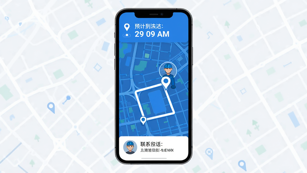 空中快滴 实时追踪地图界面 手机屏幕展示 蓝色地图背景 显示骑手图标和配送路线 顶部有预计到达时间 底部有骑手头像和联系电话 扁平化设计 干净无多余元素 高清画质