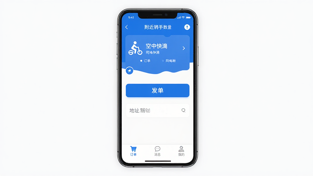 空中快滴 同城跑腿配送软件主界面 手机屏幕展示 蓝色调 简洁布局 顶部显示附近骑手数量 中间是发单按钮和地址输入框 底部为订单、消息、我的三个选项卡 扁平化设计 干净无多余元素 高清画质