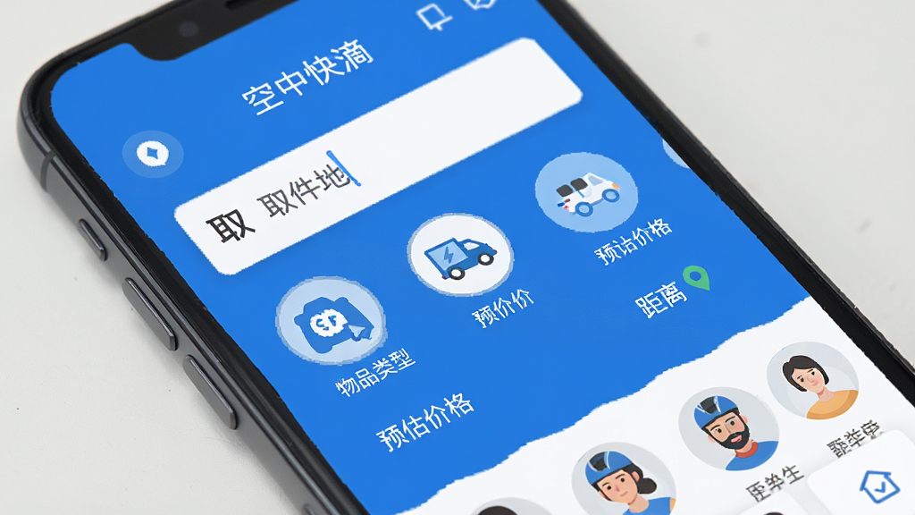 空中快滴 智能发单界面 手机屏幕特写 蓝色和白色为主 显示取件地址输入框 物品类型选择图标 预估价格和距离 骑手头像列表 扁平化风格 干净无杂乱元素 高清画质