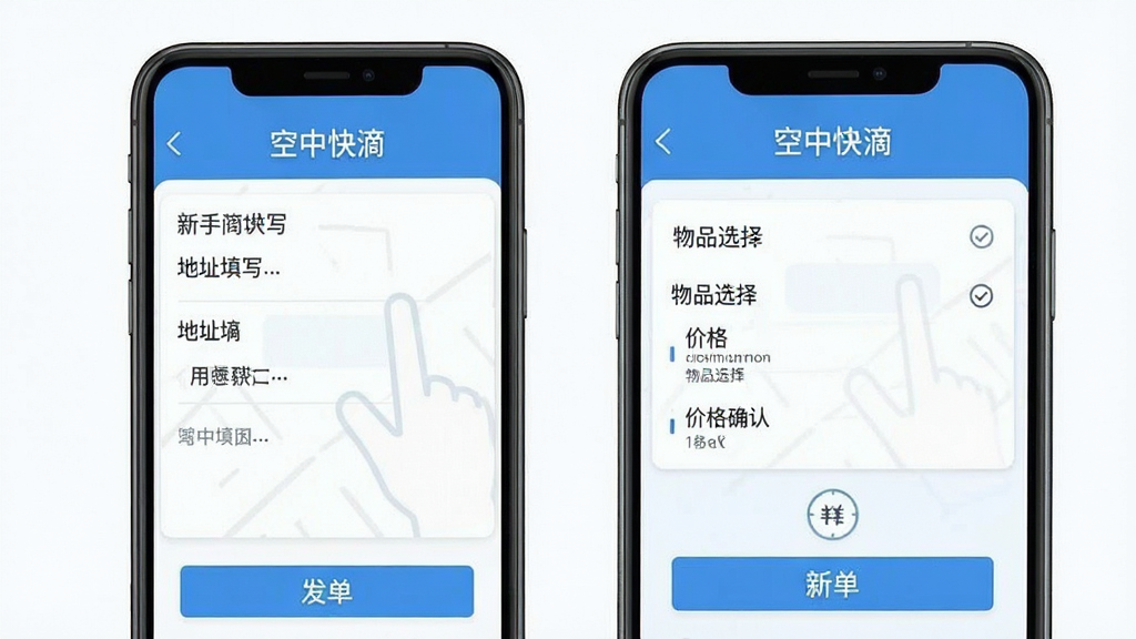 空中快滴 新手使用教程 手机屏幕截图 展示发单步骤 地址填写 物品选择 价格确认 蓝色调 简洁布局 扁平化风格 干净无多余元素 高清画质
